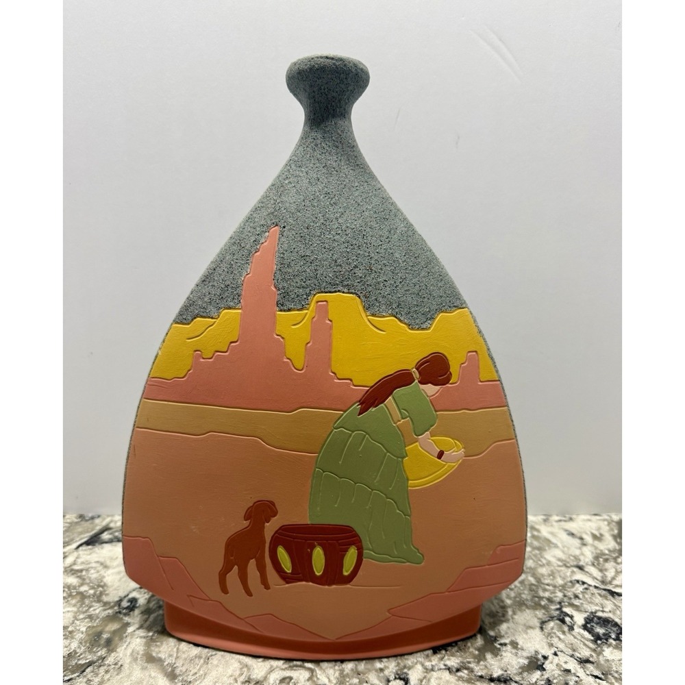 VTG Native American Stoneware Bottle Neck Vase Hand Painted 14x11x4 In